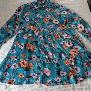 Vibrant Floral Long Sleeve Dress - Teal and Orange